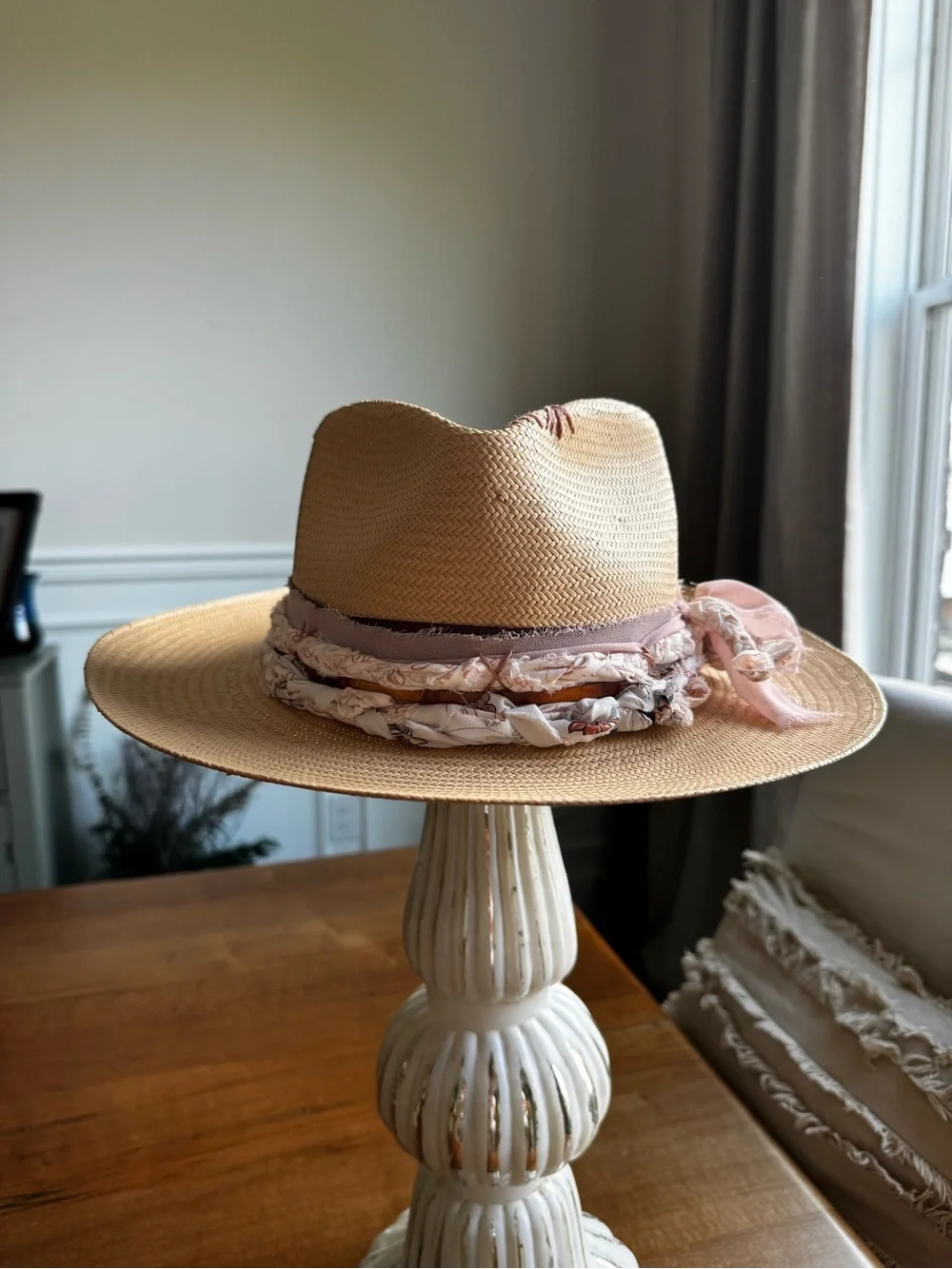 Vintage Straw Fedora Hat with Handmade Blush Band